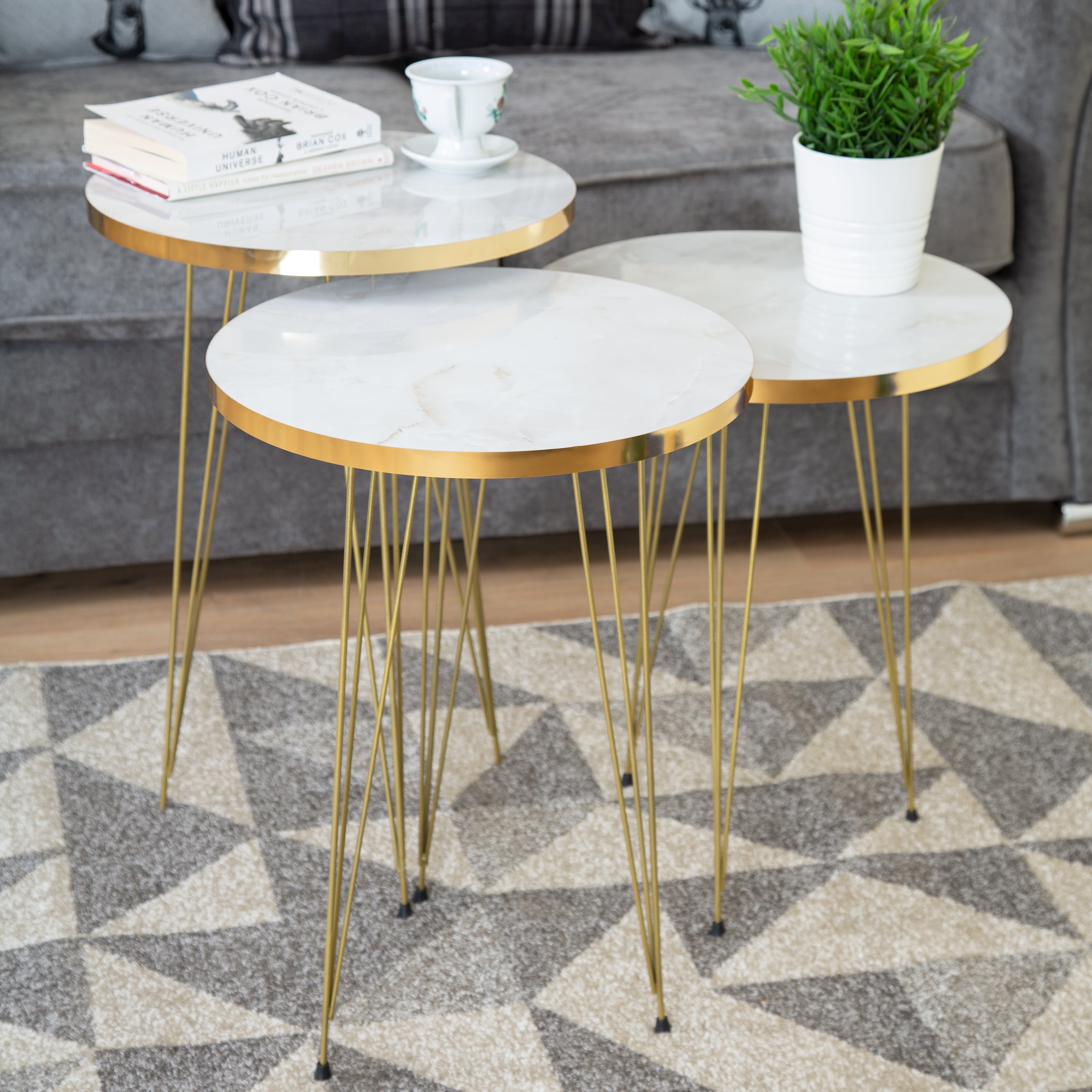 Tigris Set of 3 Round Side Tables - White & Gold Marble