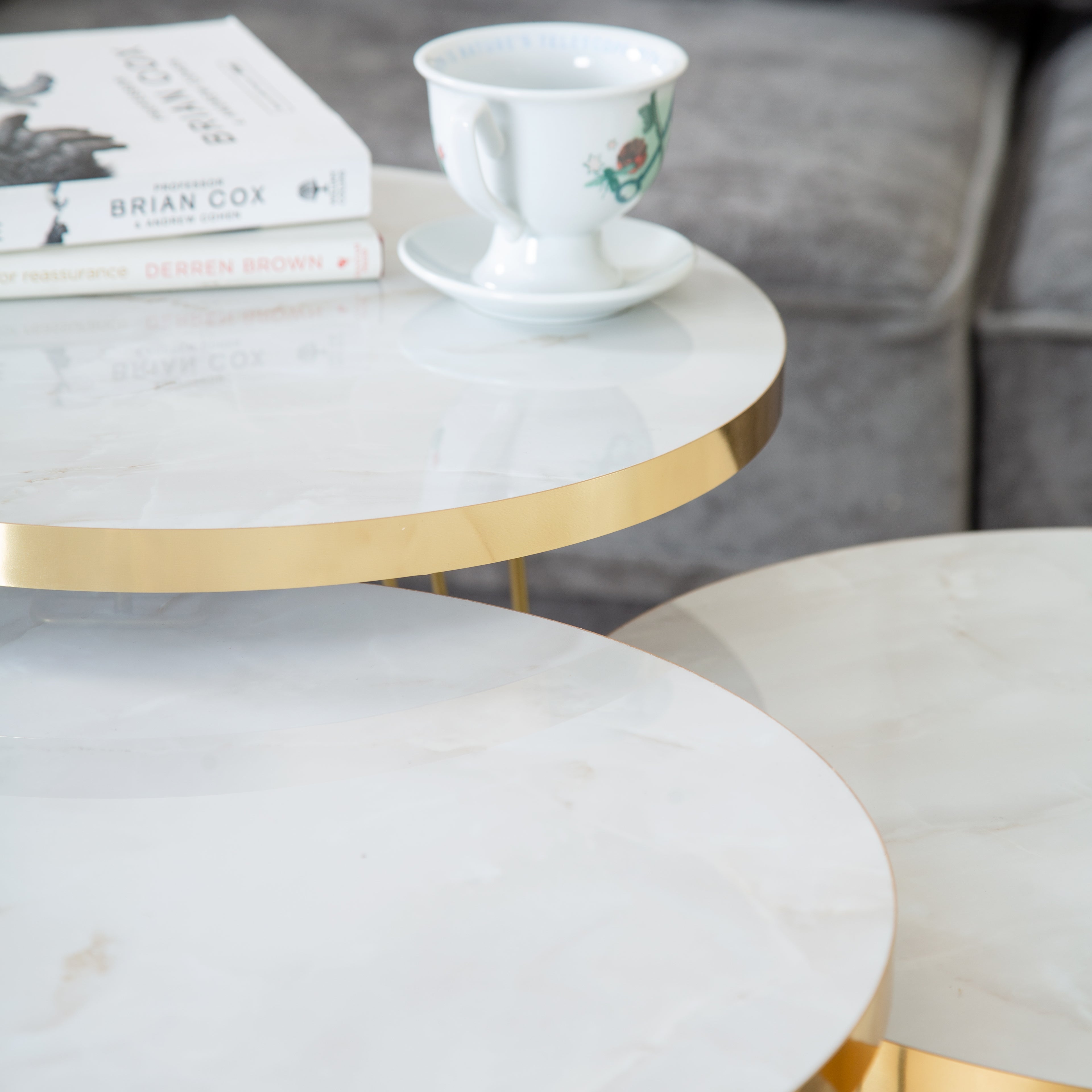 Tigris Set of 3 Round Side Tables - White & Gold Marble