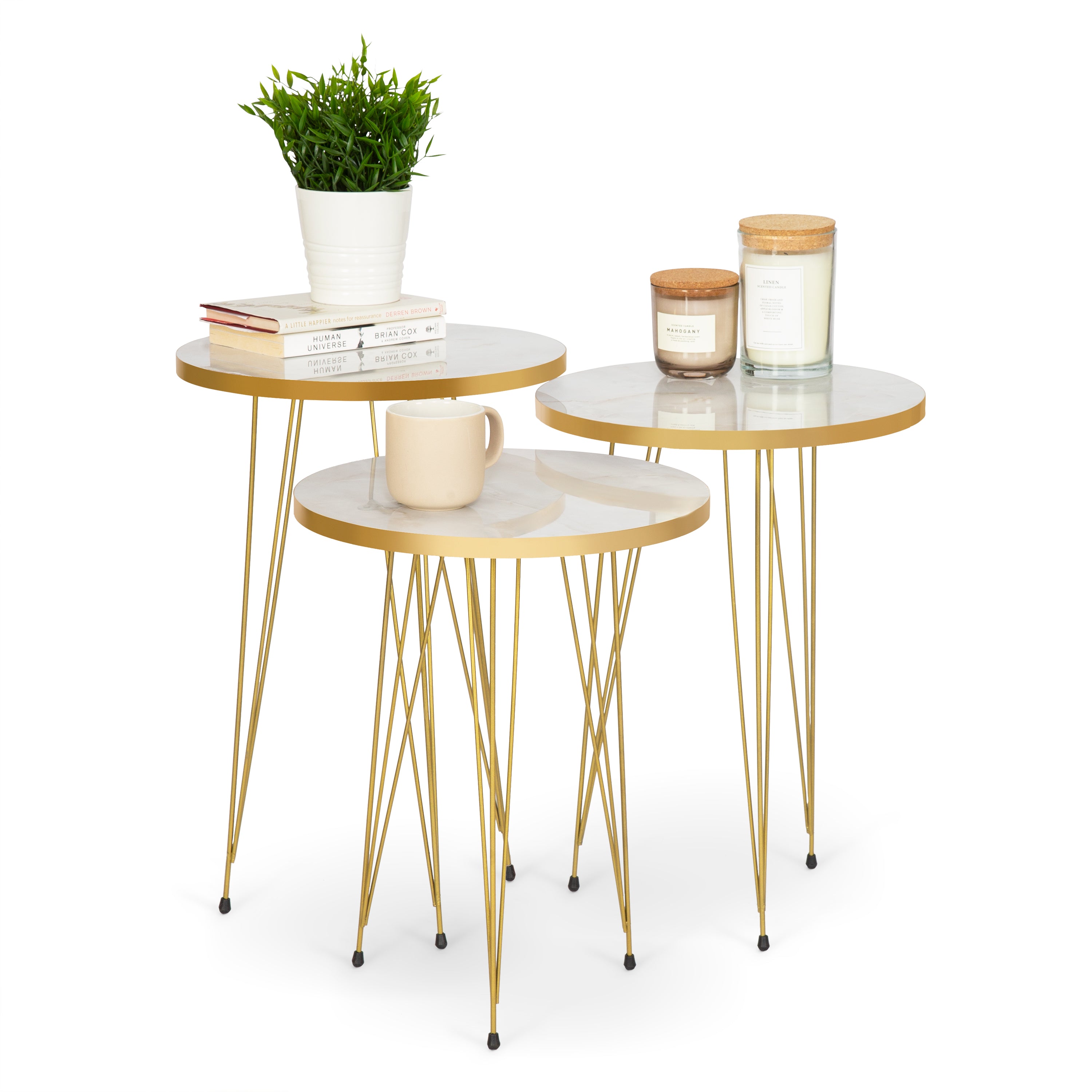 Tigris Set of 3 Round Side Tables - White & Gold Marble