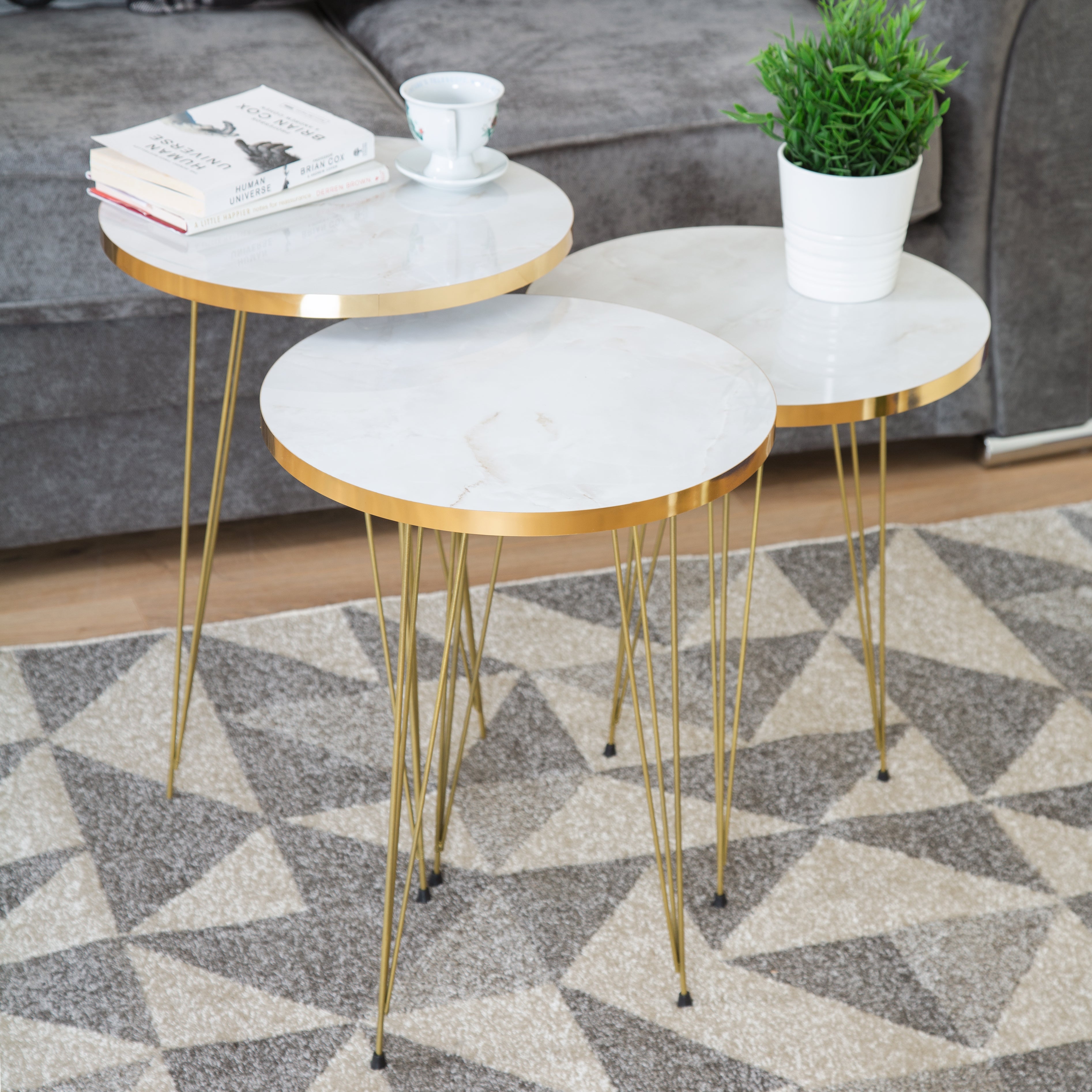 Tigris Set of 3 Round Side Tables - White & Gold Marble