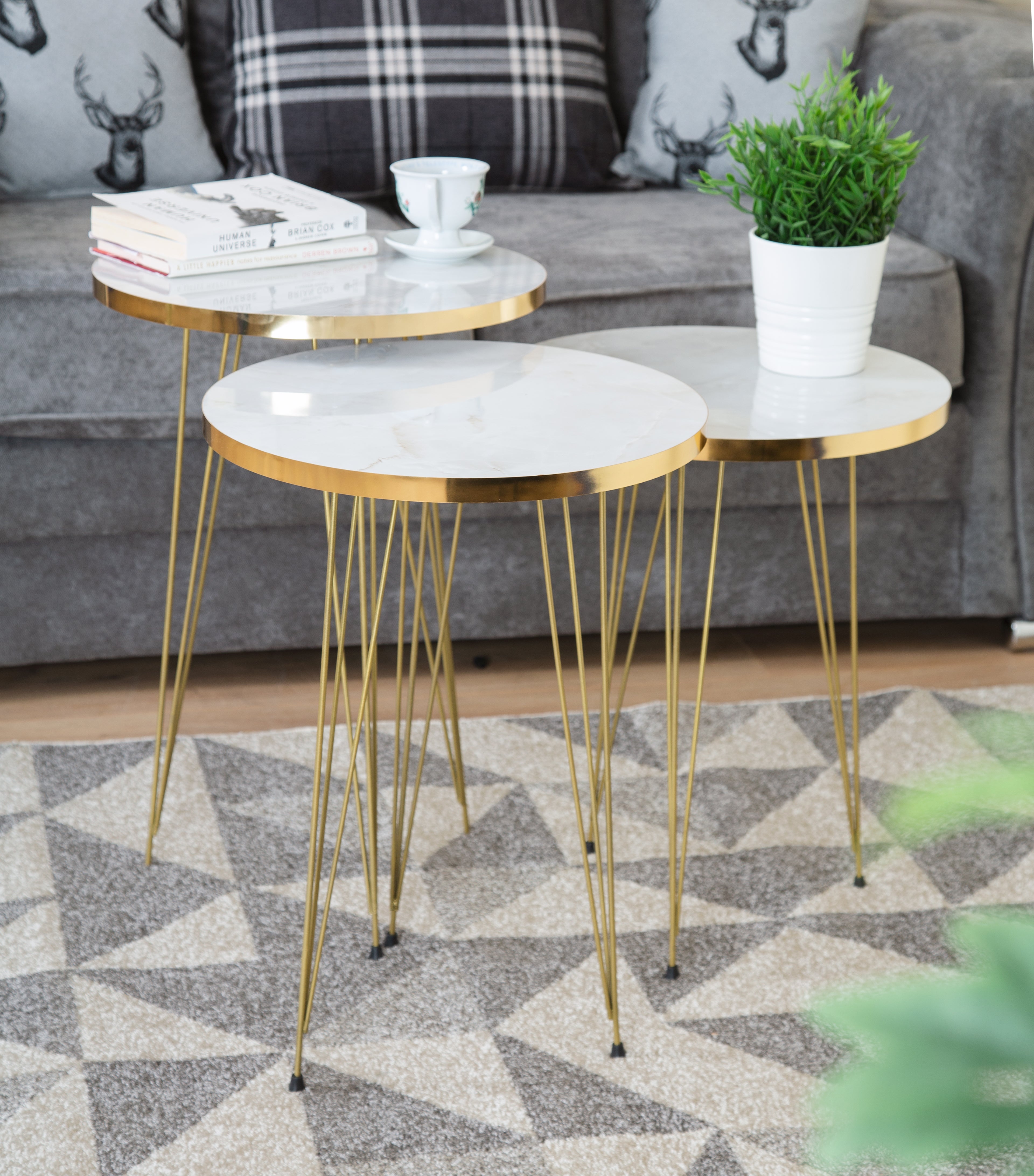 Tigris Set of 3 Round Side Tables - White & Gold Marble
