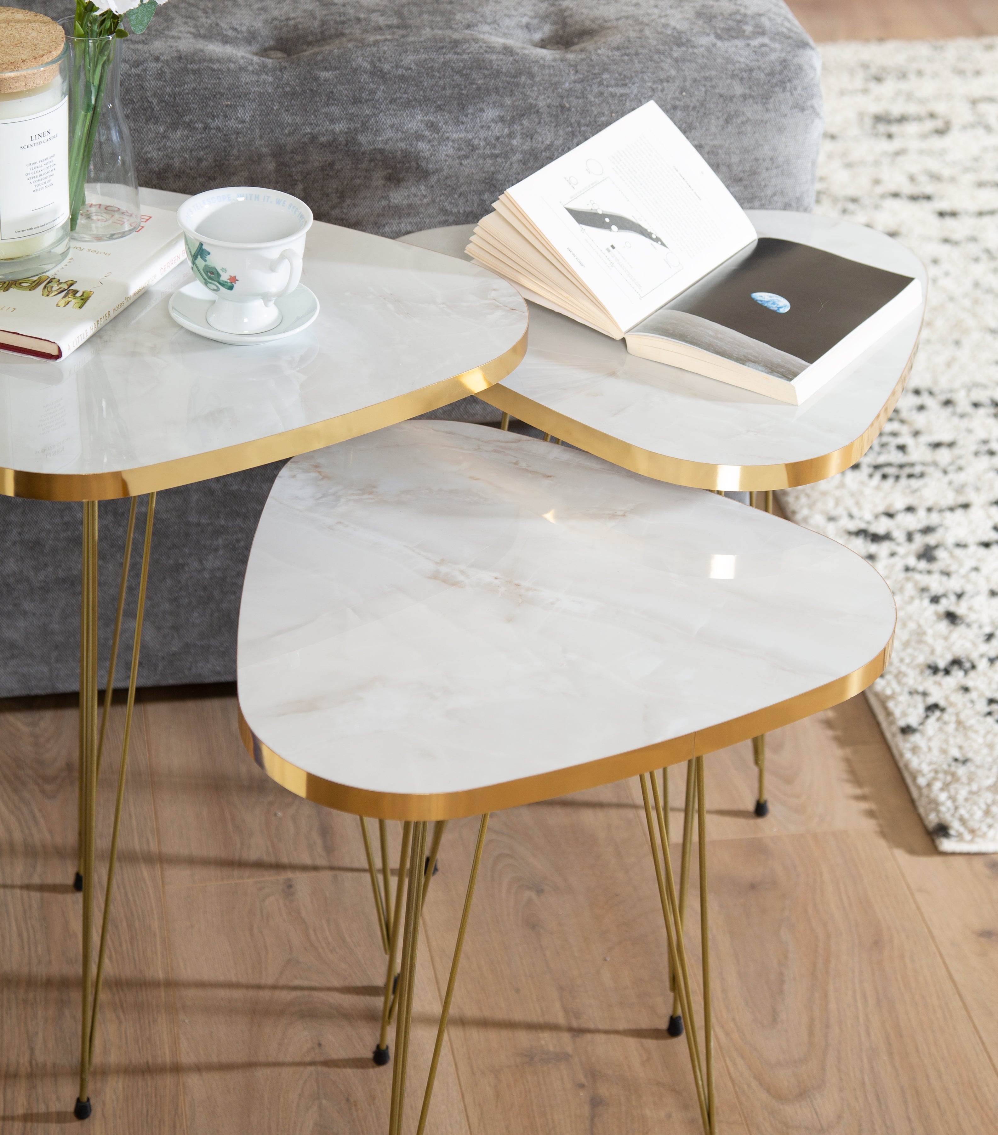 Tigris Set of 3 Triangle Side Tables - White & Gold Marble