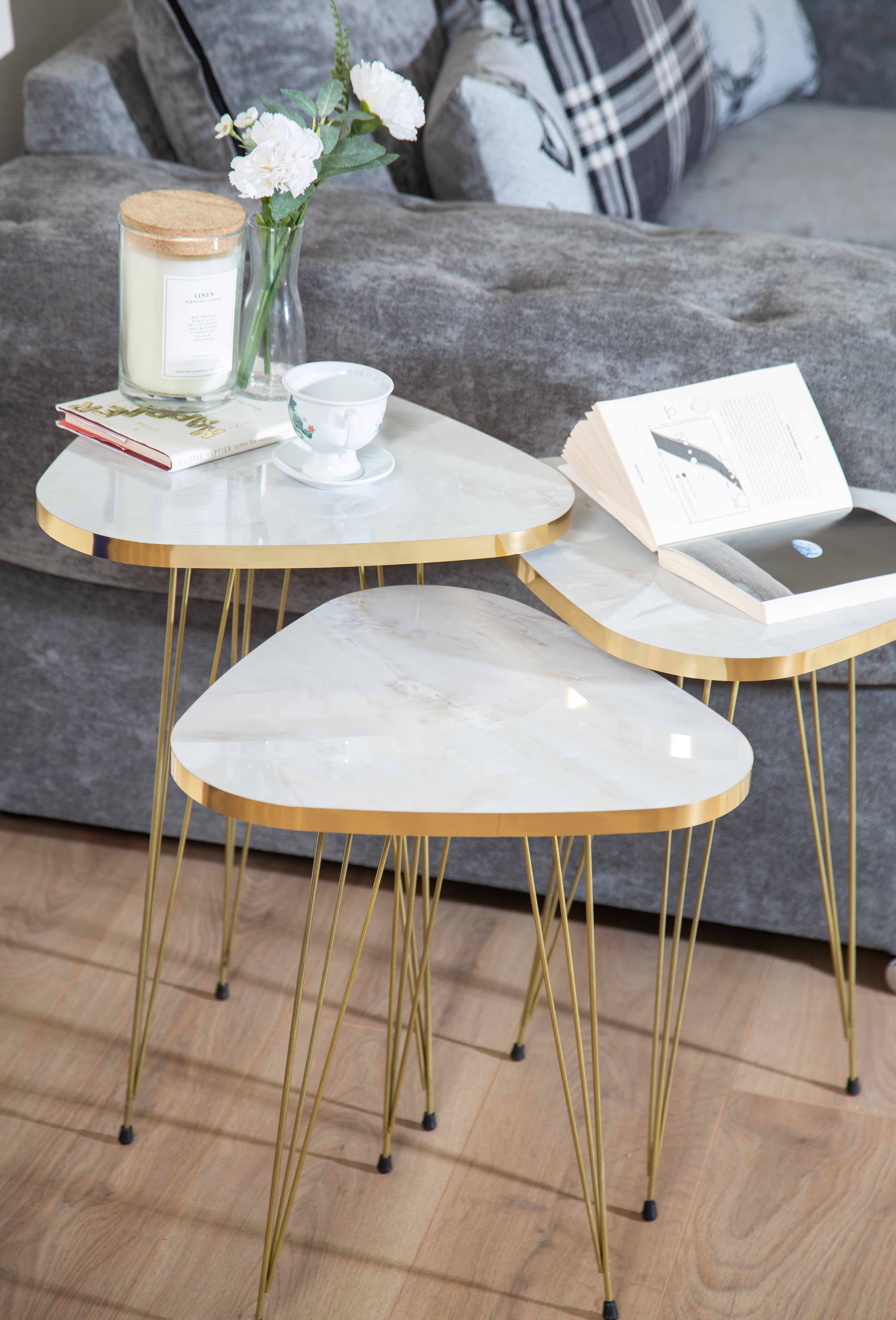 Tigris Set of 3 Triangle Side Tables - White & Gold Marble