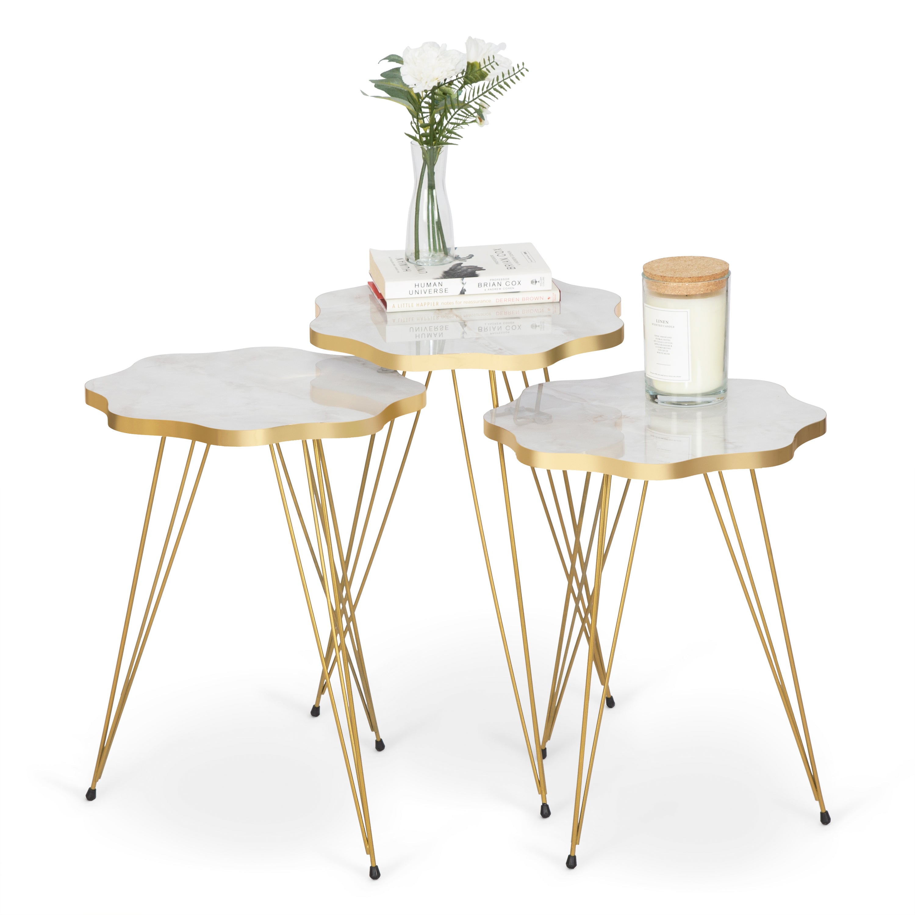 Daisy Set Of 3 Side Tables - White Marble & Gold
