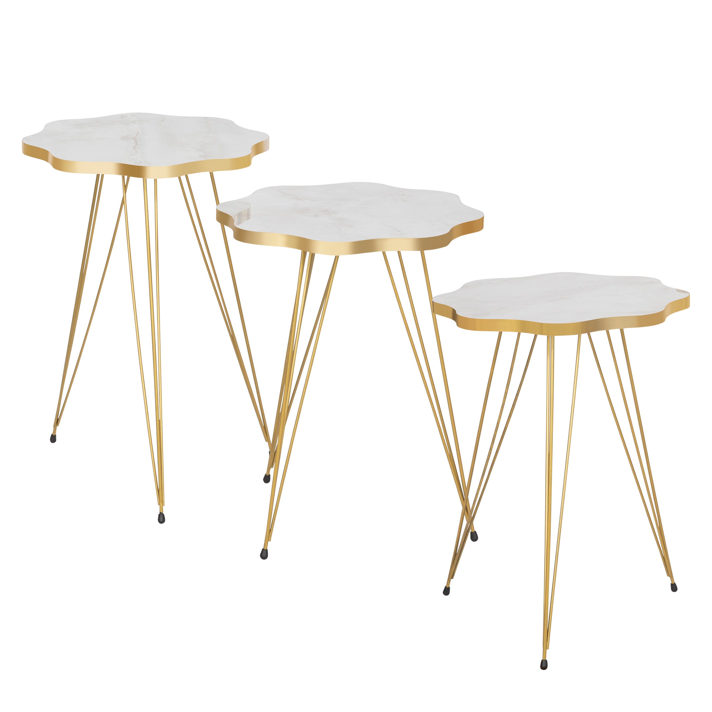 Daisy Set Of 3 Side Tables - White Marble & Gold