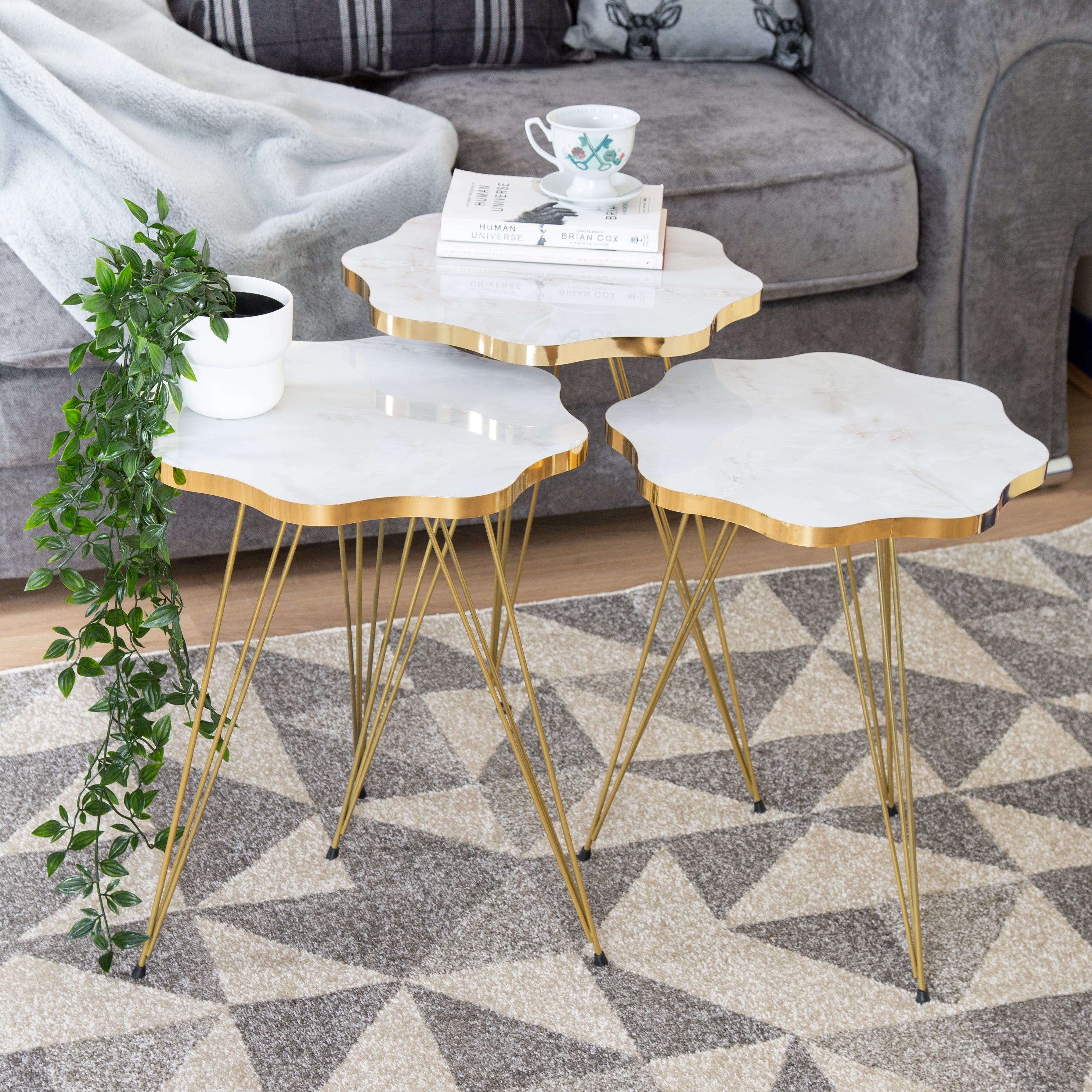 Daisy Set Of 3 Side Tables - White Marble & Gold