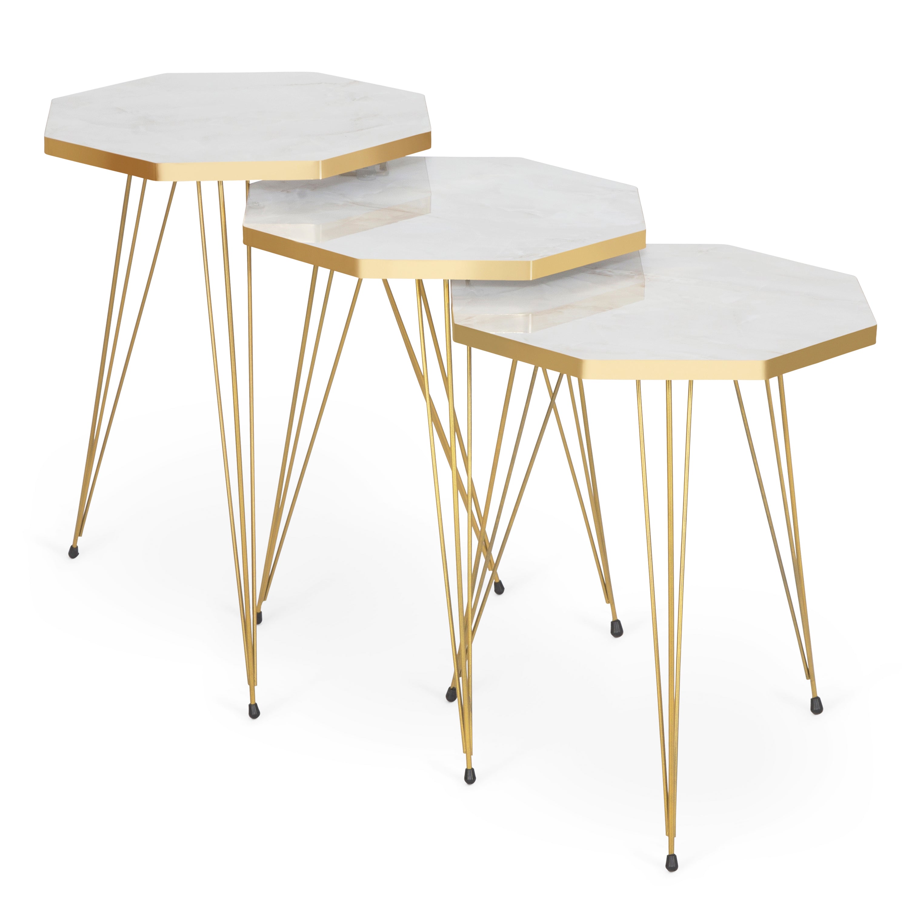 Tigris Set of 3 Octagon Side Tables - White & Gold Marble