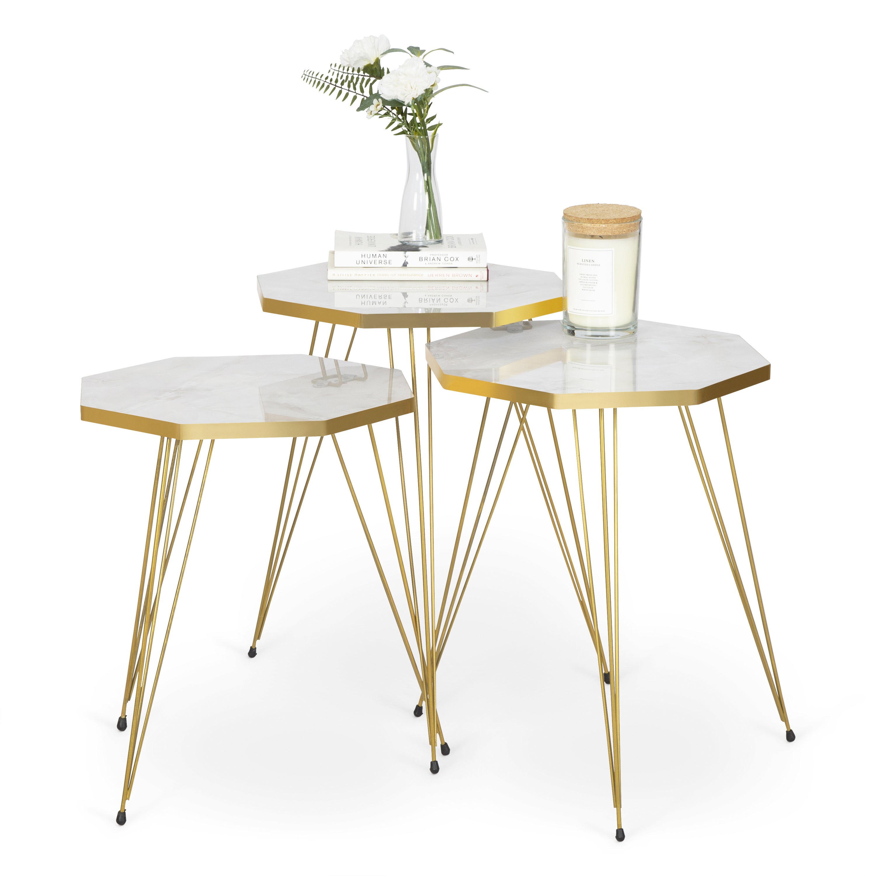Tigris Set of 3 Octagon Side Tables - White & Gold Marble