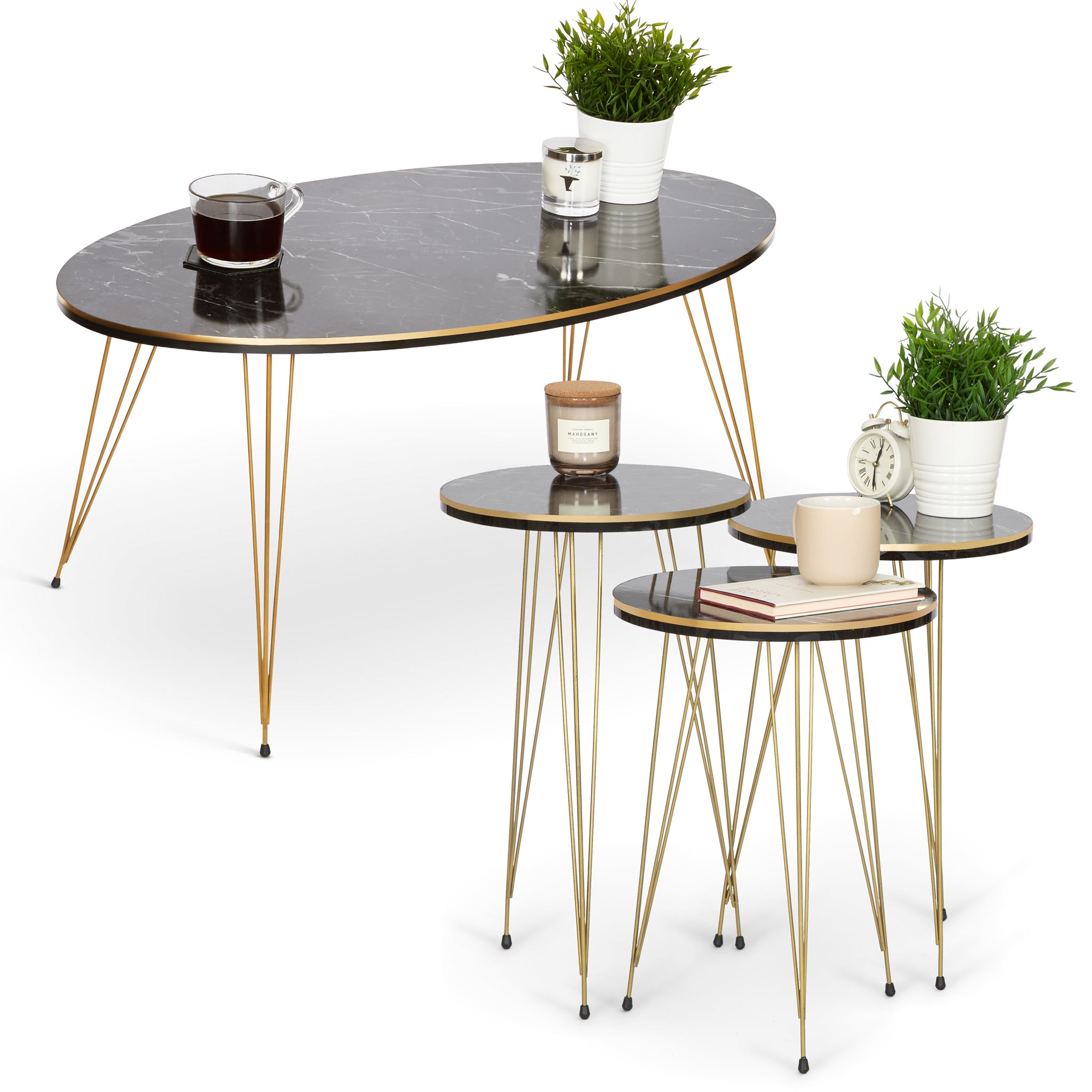Ellipse Coffee Table & Set of 3 Side tables - Gold & Black Marble