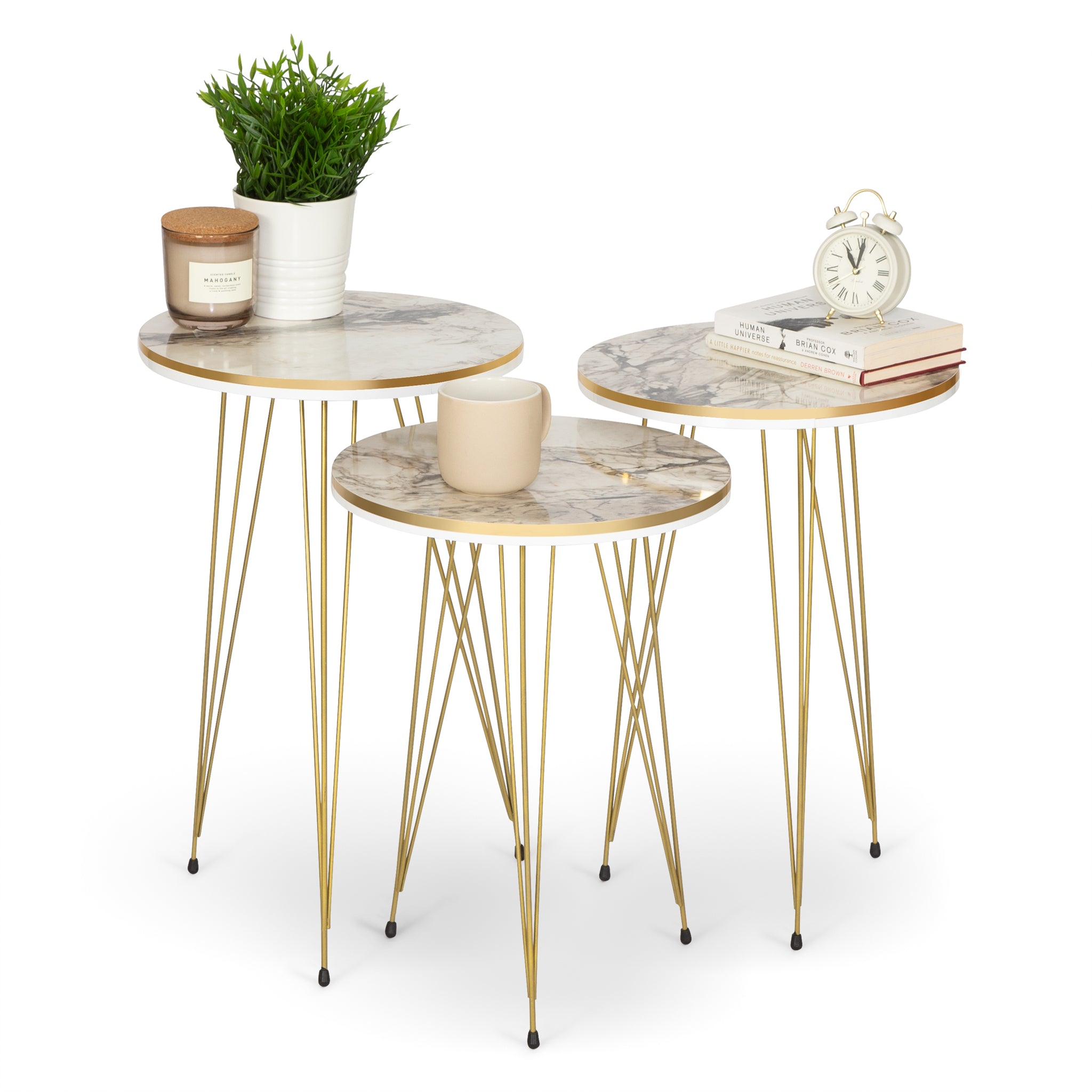 Ellipse Coffee Table & Set of 3 Side tables - Gold & White Marble
