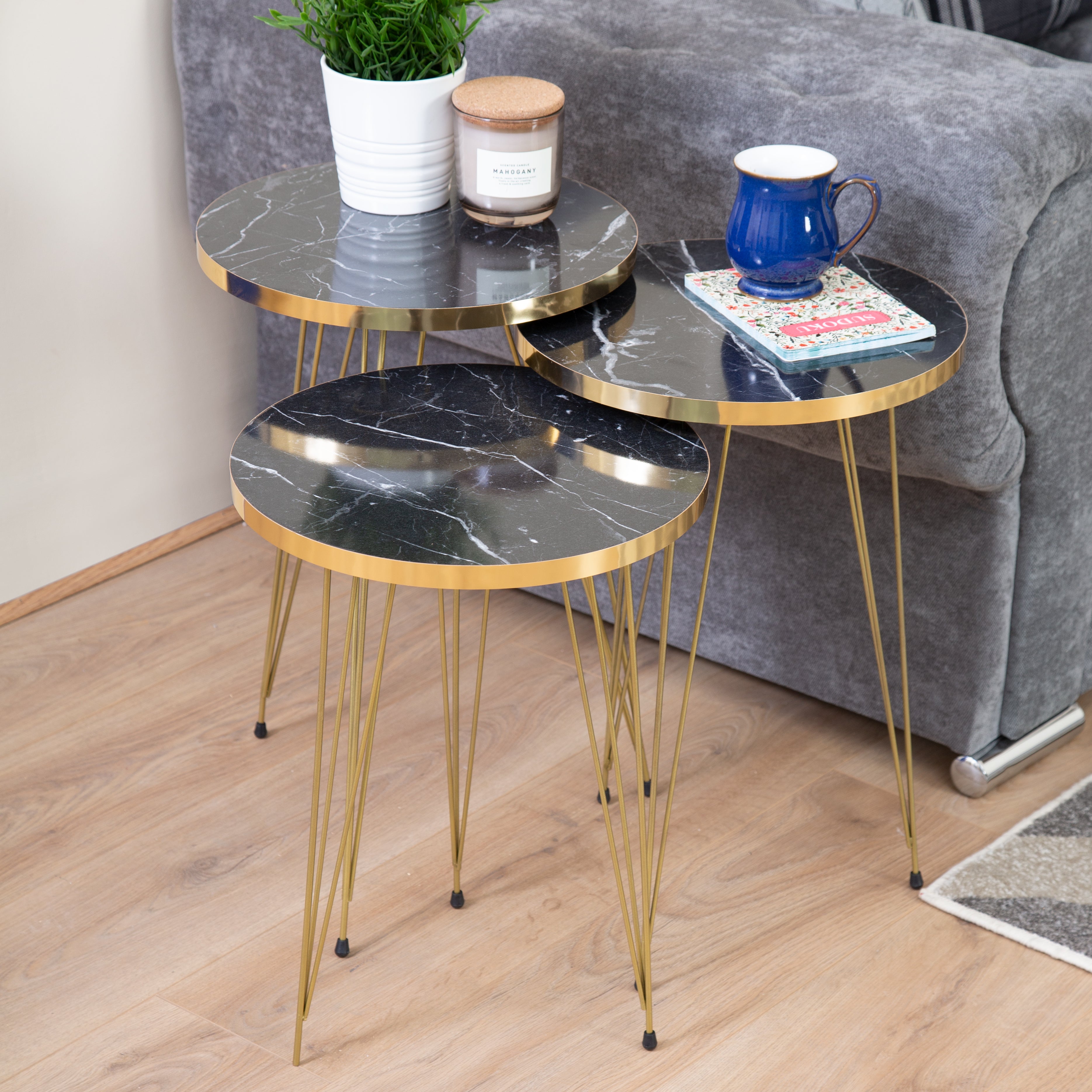 Terek Set of 3 Round Side Tables - Black Marble & Gold