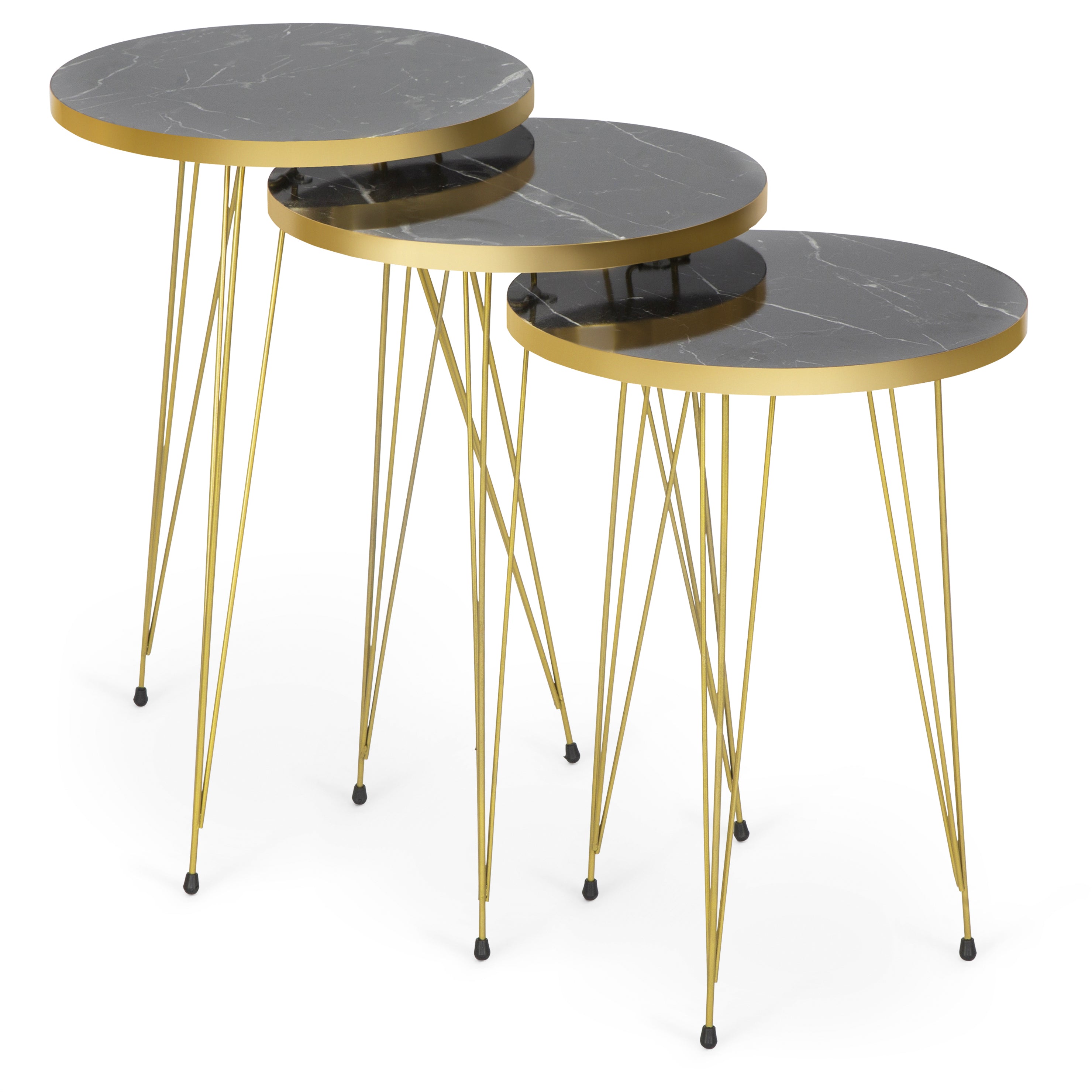 Terek Set of 3 Round Side Tables - Black Marble & Gold
