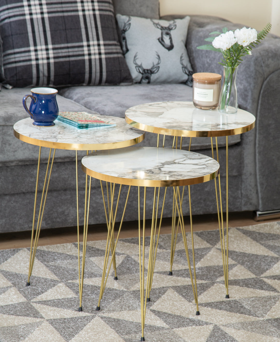 Terek Set of 3 Round Side Tables - White Marble & Gold