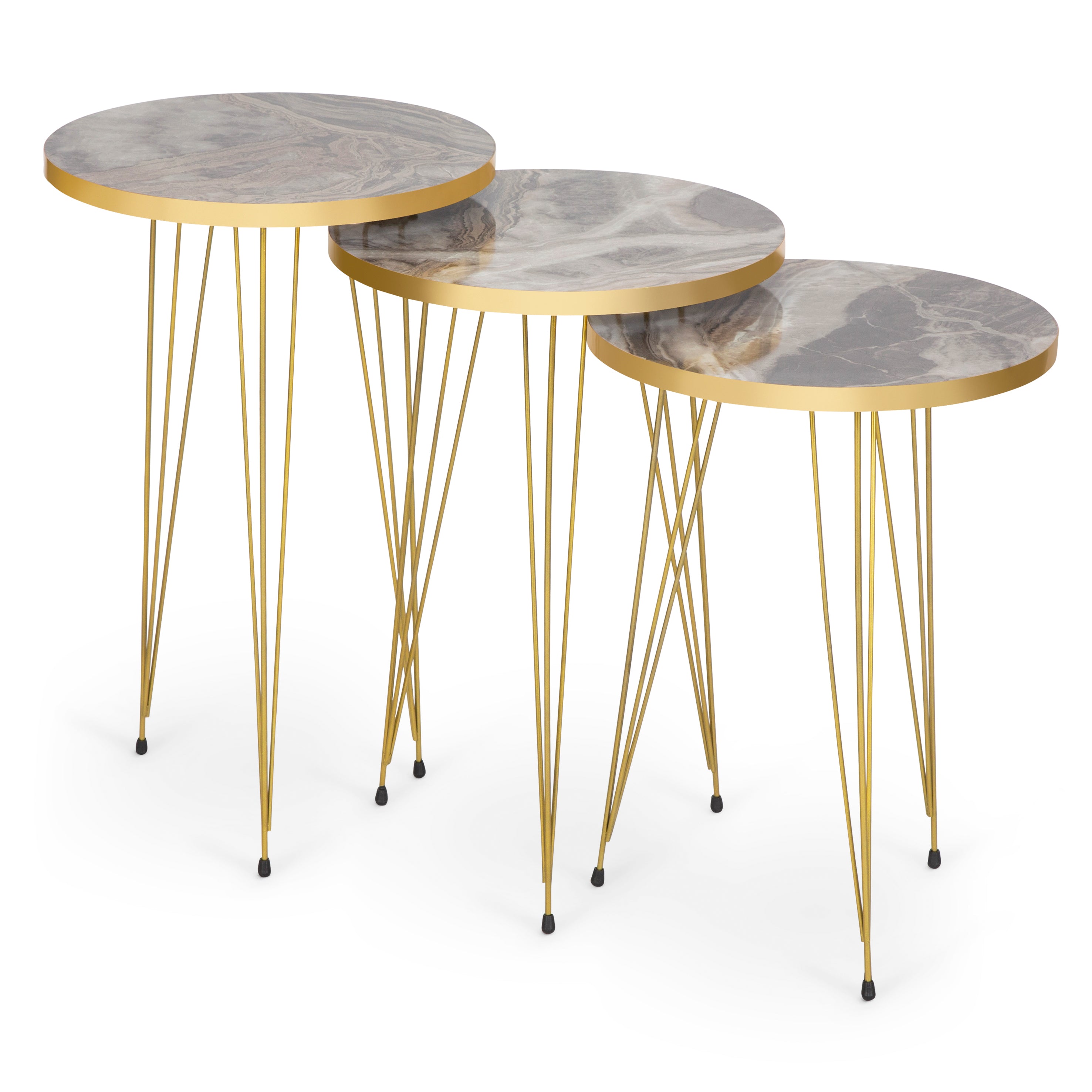 Terek Set of 3 Round Side Tables - Grey Marble & Gold