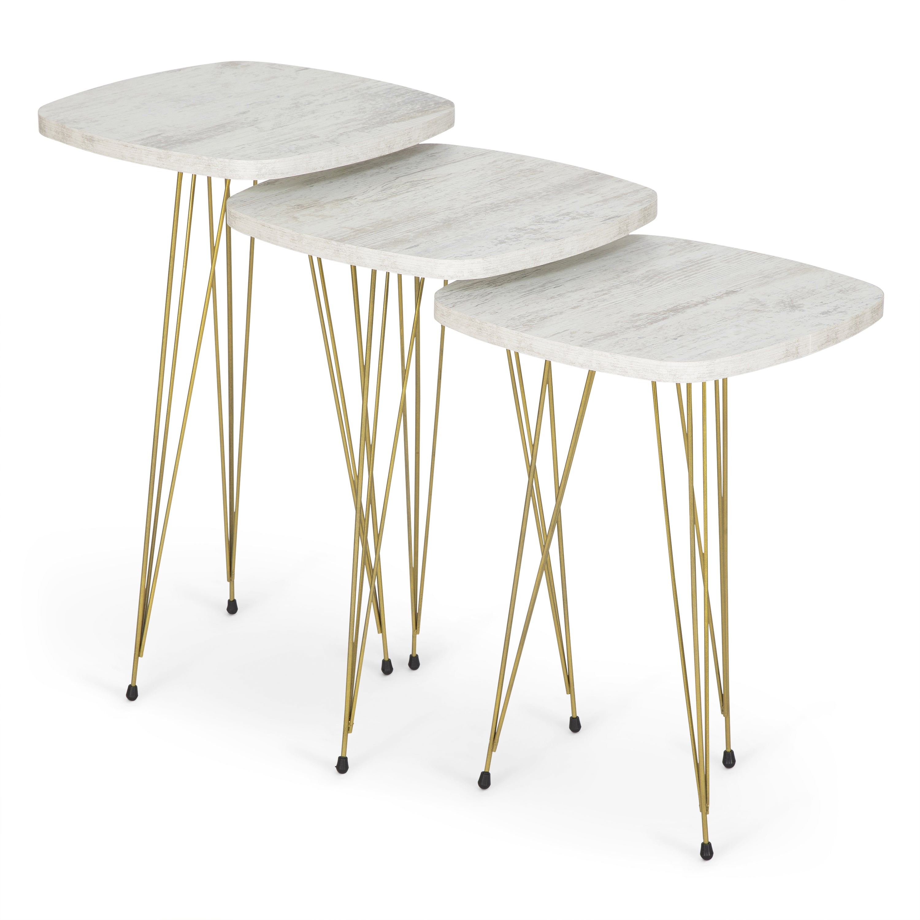 Crystal Set of 3 Square Side Tables - White Marble & Gold