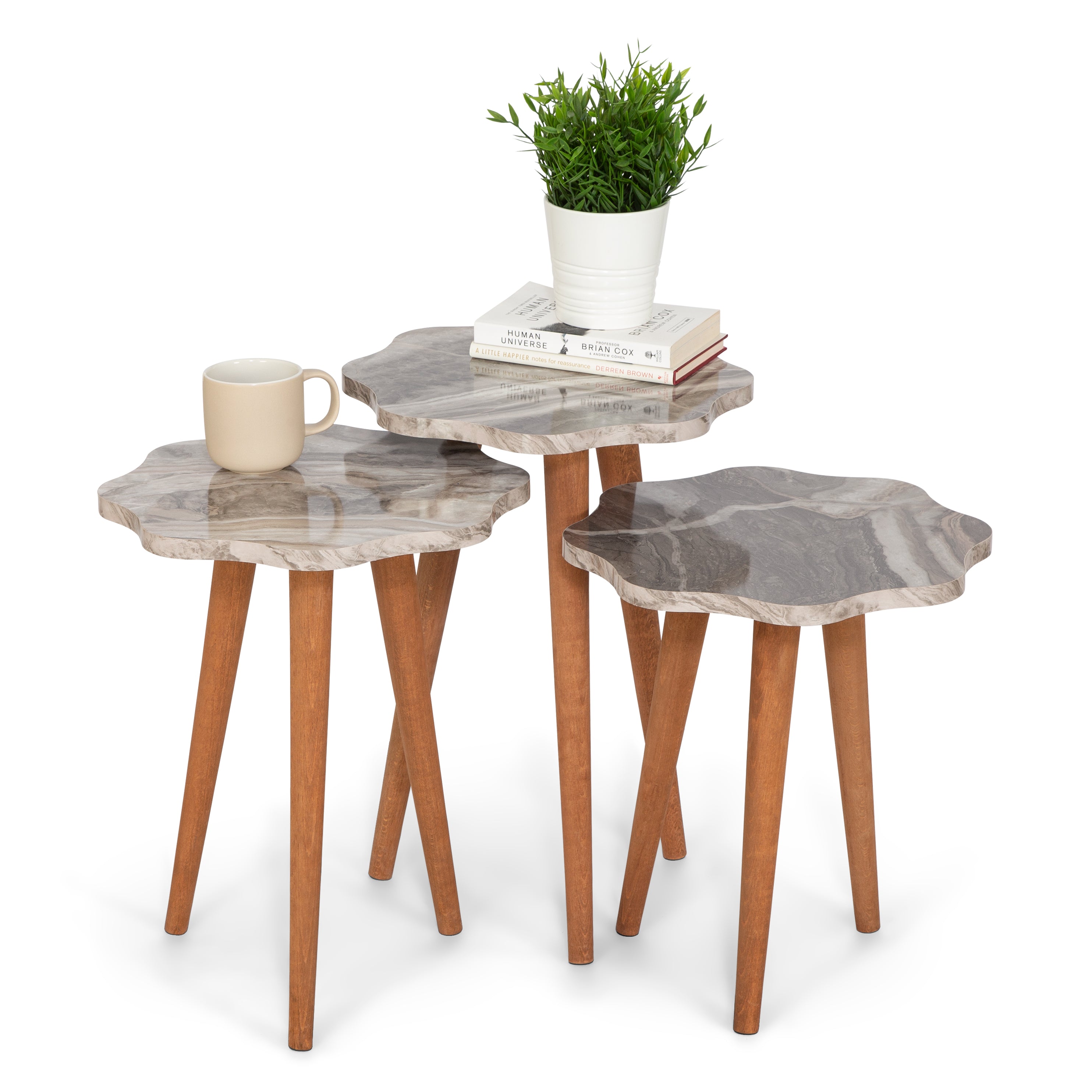 Daisy Set Of 3 Side Tables - Grey Marble & Wood