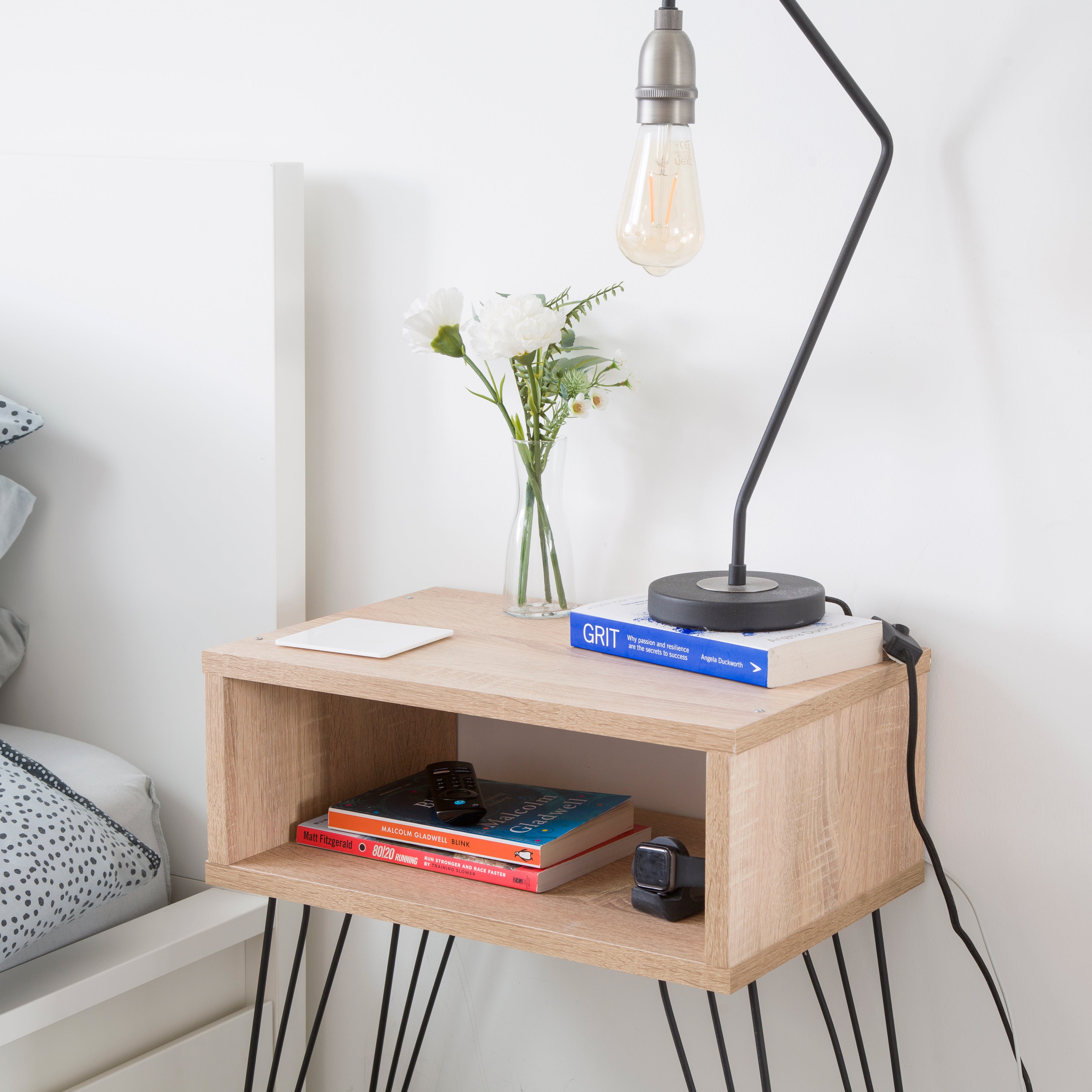 Retro Style Bedside Table With Hairpin Legs - Walnut
