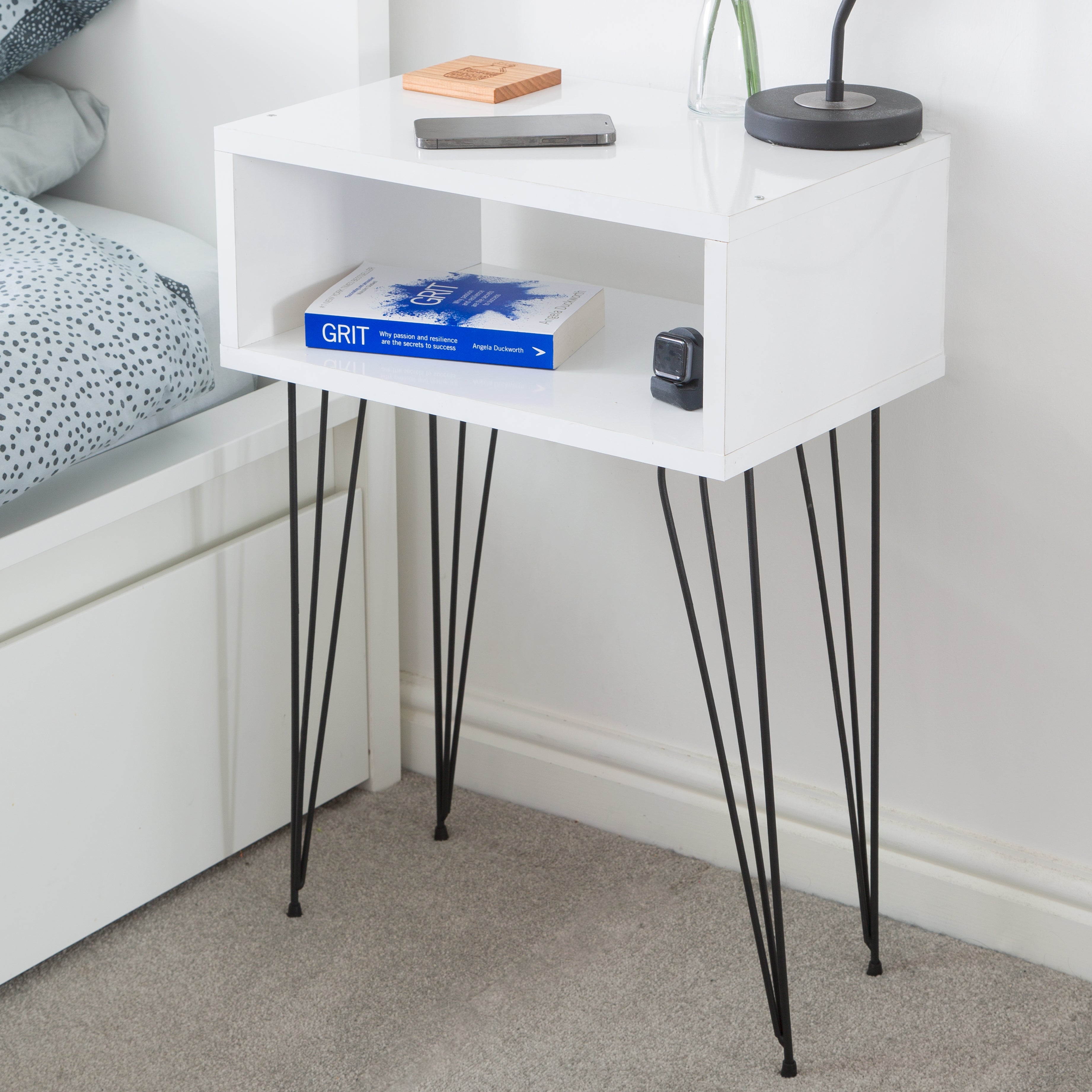 Retro Style Bedside Table With Hairpin Legs - White