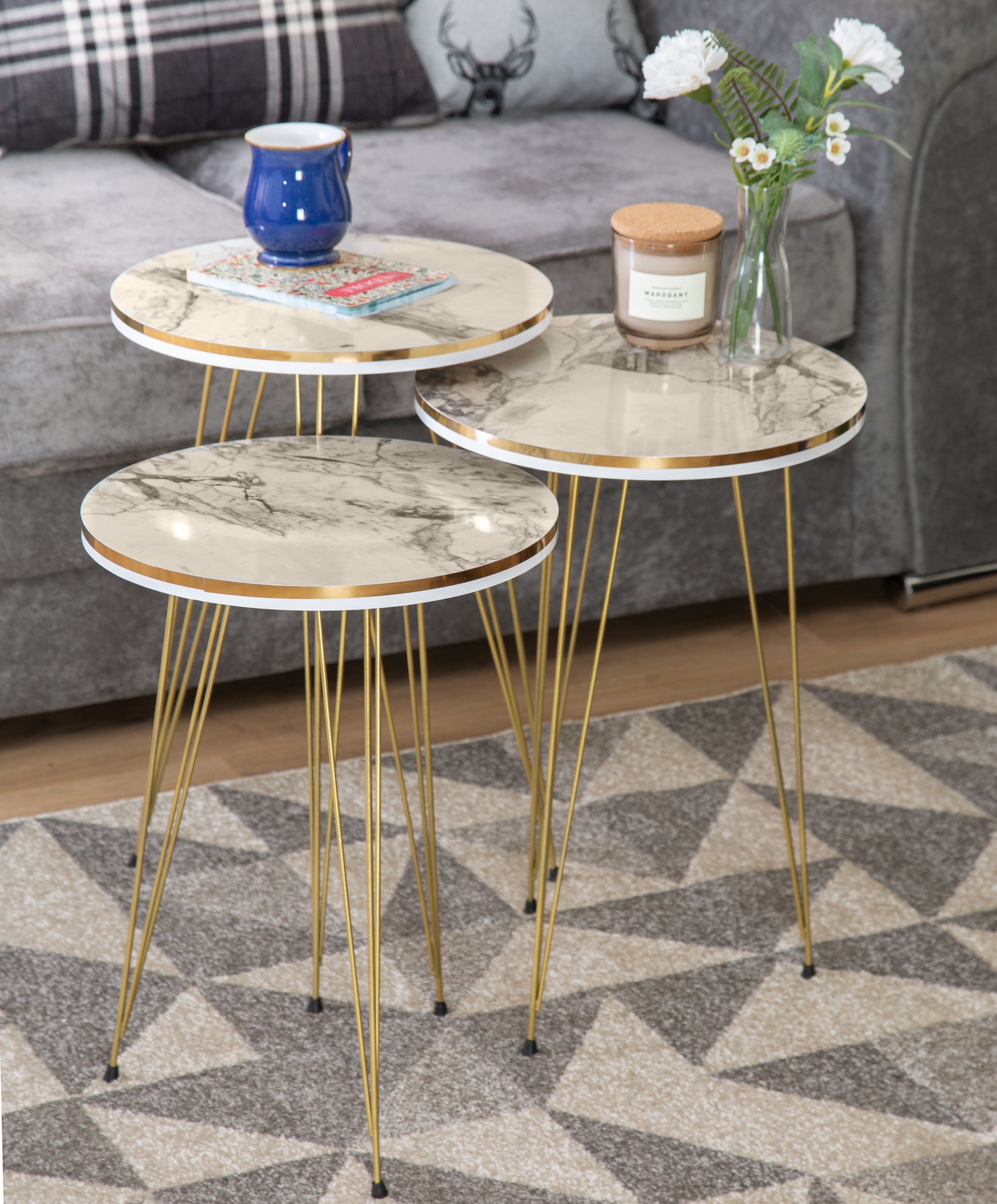 Rectangle Coffee Table & Set of 3 Side tables - Gold & White Marble