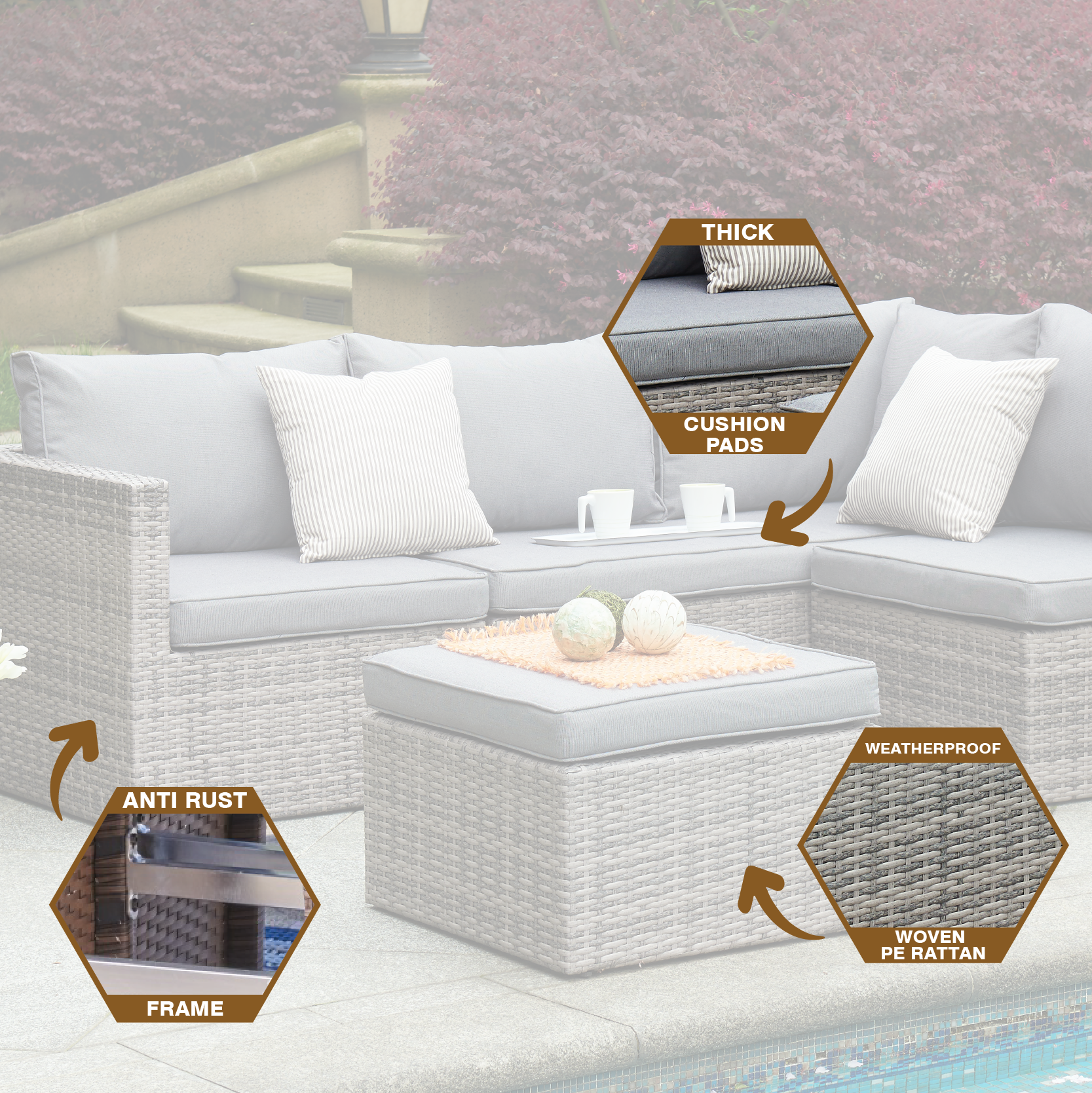 6 Seater Rattan Corner Sofa & Footstool Garden Furniture Set